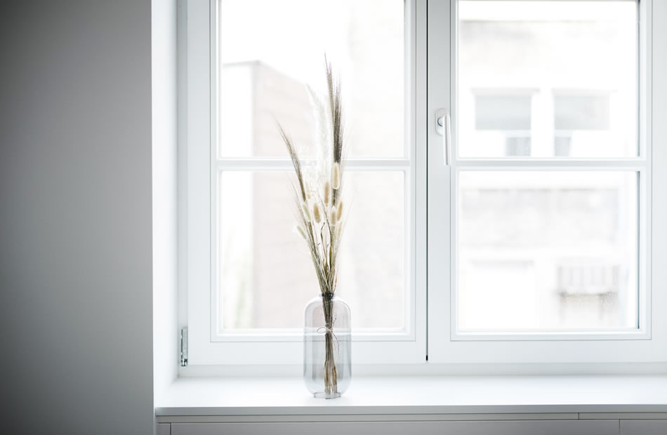 Ausschnitt eines Fensters mit einer Glasvase und einer Blume